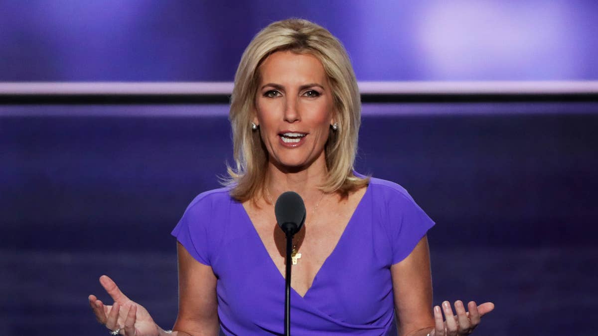 Laura Ingraham speaks at a podium wearing a purple dress.