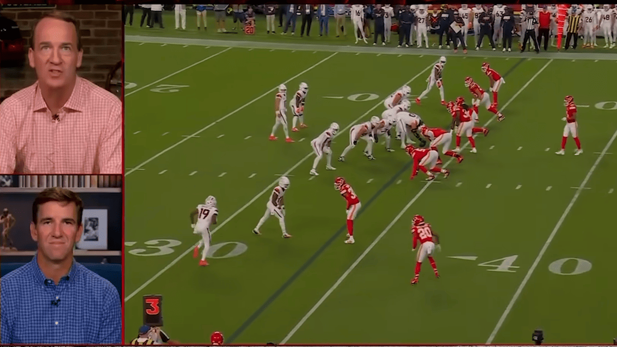 Peyton Manning in a pink shirt and Eli Manning in a blue shirt with an NFL game on a split screen.