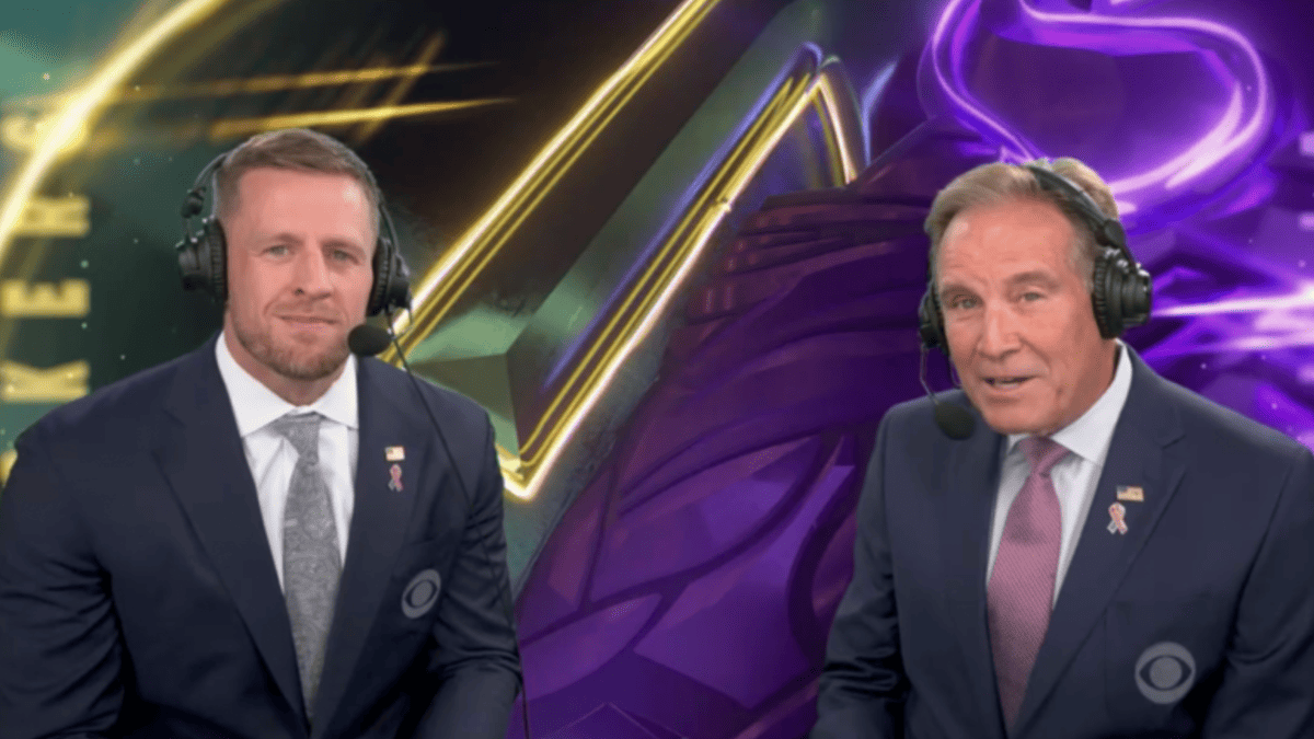 Jim Nantz and J.J. Watt in suits with headphones, with a green and purple background.
